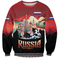 Russia Flag Red and Black Pullover Sweatshirt with Moscow Skyline Bear and Horse Design