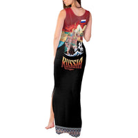 Russia Flag Red and Black Pullover Tank Maxi Dress with Moscow Skyline Bear and Horse Design