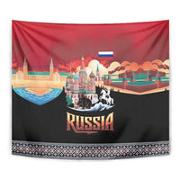 Russia Flag Red and Black Pullover Tapestry with Moscow Skyline Bear and Horse Design