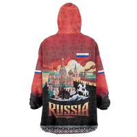 Russia Flag Red and Black Pullover Wearable Blanket Hoodie with Moscow Skyline Bear and Horse Design