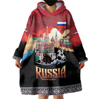 Russia Flag Red and Black Pullover Wearable Blanket Hoodie with Moscow Skyline Bear and Horse Design