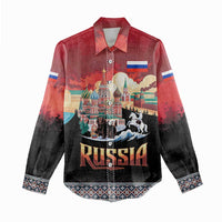 Russia Flag Red and Black Pullover Women Casual Shirt with Moscow Skyline Bear and Horse Design