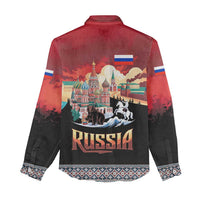 Russia Flag Red and Black Pullover Women Casual Shirt with Moscow Skyline Bear and Horse Design