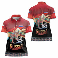 Russia Flag Red and Black Pullover Women Polo Shirt with Moscow Skyline Bear and Horse Design