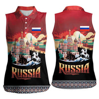 Russia Flag Red and Black Pullover Women Sleeveless Polo Shirt with Moscow Skyline Bear and Horse Design