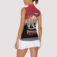 Russia Flag Red and Black Pullover Women Sleeveless Polo Shirt with Moscow Skyline Bear and Horse Design