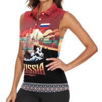 Russia Flag Red and Black Pullover Women Sleeveless Polo Shirt with Moscow Skyline Bear and Horse Design