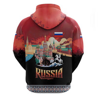 Russia Flag Red and Black Pullover Zip Hoodie with Moscow Skyline Bear and Horse Design
