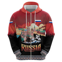 Russia Flag Red and Black Pullover Zip Hoodie with Moscow Skyline Bear and Horse Design
