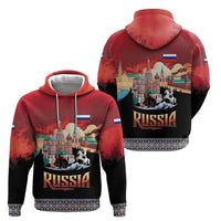 Russia Flag Red and Black Pullover Zip Hoodie with Moscow Skyline Bear and Horse Design