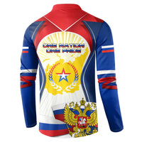 Russia Day Button Sweatshirt with Kremlin Illustration, National Emblem, and Flag Stripes