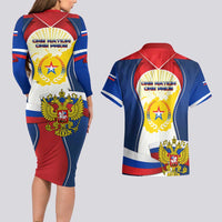 Russia Day Couples Matching Long Sleeve Bodycon Dress and Hawaiian Shirt with Kremlin Illustration, National Emblem, and Flag Stripes