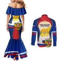 Russia Day Couples Matching Mermaid Dress and Long Sleeve Button Shirt with Kremlin Illustration, National Emblem, and Flag Stripes