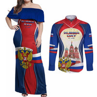 Russia Day Couples Matching Off Shoulder Maxi Dress and Long Sleeve Button Shirt with Kremlin Illustration, National Emblem, and Flag Stripes