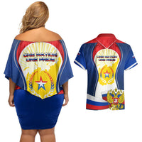 Russia Day Couples Matching Off Shoulder Short Dress and Hawaiian Shirt with Kremlin Illustration, National Emblem, and Flag Stripes