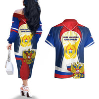 Russia Day Couples Matching Off The Shoulder Long Sleeve Dress and Hawaiian Shirt with Kremlin Illustration, National Emblem, and Flag Stripes