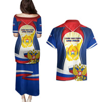 Russia Day Couples Matching Puletasi and Hawaiian Shirt with Kremlin Illustration, National Emblem, and Flag Stripes