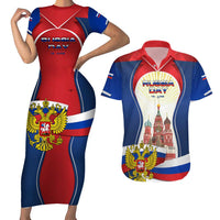 Russia Day Couples Matching Short Sleeve Bodycon Dress and Hawaiian Shirt with Kremlin Illustration, National Emblem, and Flag Stripes
