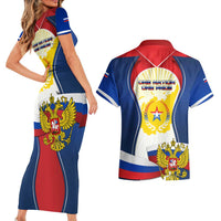Russia Day Couples Matching Short Sleeve Bodycon Dress and Hawaiian Shirt with Kremlin Illustration, National Emblem, and Flag Stripes