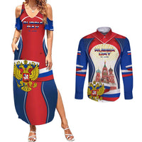 Russia Day Couples Matching Summer Maxi Dress and Long Sleeve Button Shirt with Kremlin Illustration, National Emblem, and Flag Stripes