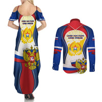 Russia Day Couples Matching Summer Maxi Dress and Long Sleeve Button Shirt with Kremlin Illustration, National Emblem, and Flag Stripes
