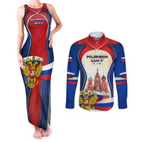 Russia Day Couples Matching Tank Maxi Dress and Long Sleeve Button Shirt with Kremlin Illustration, National Emblem, and Flag Stripes