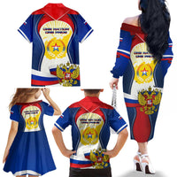Russia Day Family Matching Off The Shoulder Long Sleeve Dress and Hawaiian Shirt with Kremlin Illustration, National Emblem, and Flag Stripes