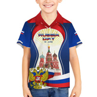 Russia Day Family Matching Off The Shoulder Long Sleeve Dress and Hawaiian Shirt with Kremlin Illustration, National Emblem, and Flag Stripes