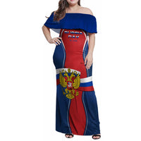 Russia Day Family Matching Off Shoulder Maxi Dress and Hawaiian Shirt with Kremlin Illustration, National Emblem, and Flag Stripes