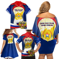Russia Day Family Matching Off Shoulder Short Dress and Hawaiian Shirt with Kremlin Illustration, National Emblem, and Flag Stripes