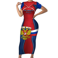 Russia Day Family Matching Short Sleeve Bodycon Dress and Hawaiian Shirt with Kremlin Illustration, National Emblem, and Flag Stripes