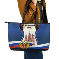 Russia Day Leather Tote Bag with Kremlin Illustration, National Emblem, and Flag Stripes