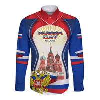 Russia Day Long Sleeve Button Shirt with Kremlin Illustration, National Emblem, and Flag Stripes