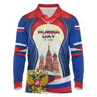 Russia Day Long Sleeve Polo Shirt with Kremlin Illustration, National Emblem, and Flag Stripes