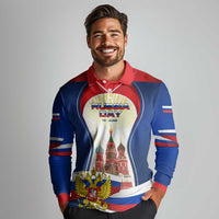Russia Day Long Sleeve Polo Shirt with Kremlin Illustration, National Emblem, and Flag Stripes