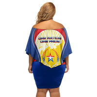 Russia Day Off Shoulder Short Dress with Kremlin Illustration, National Emblem, and Flag Stripes
