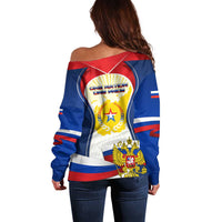 Russia Day Off Shoulder Sweater with Kremlin Illustration, National Emblem, and Flag Stripes