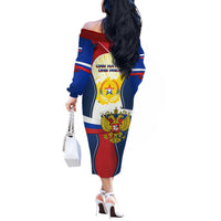 Russia Day Off The Shoulder Long Sleeve Dress with Kremlin Illustration, National Emblem, and Flag Stripes