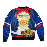 Russia Day Sleeve Zip Bomber Jacket with Kremlin Illustration, National Emblem, and Flag Stripes