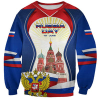 Russia Day Sweatshirt with Kremlin Illustration, National Emblem, and Flag Stripes