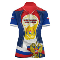 Russia Day Women Polo Shirt with Kremlin Illustration, National Emblem, and Flag Stripes
