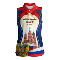 Russia Day Women Sleeveless Polo Shirt with Kremlin Illustration, National Emblem, and Flag Stripes