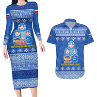 Russia Matryoshka Spirit Couples Matching Long Sleeve Bodycon Dress and Hawaiian Shirt with Folk Pattern and Double-Headed Eagle Emblem