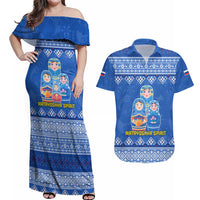 Russia Matryoshka Spirit Couples Matching Off Shoulder Maxi Dress and Hawaiian Shirt with Folk Pattern and Double-Headed Eagle Emblem