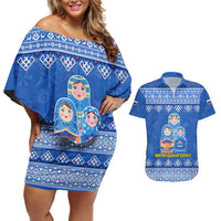 Russia Matryoshka Spirit Couples Matching Off Shoulder Short Dress and Hawaiian Shirt with Folk Pattern and Double-Headed Eagle Emblem