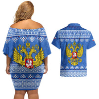 Russia Matryoshka Spirit Couples Matching Off Shoulder Short Dress and Hawaiian Shirt with Folk Pattern and Double-Headed Eagle Emblem