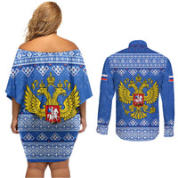 Russia Matryoshka Spirit Couples Matching Off Shoulder Short Dress and Long Sleeve Button Shirt with Folk Pattern and Double-Headed Eagle Emblem