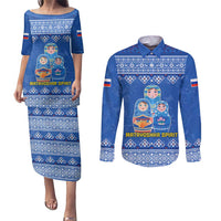 Russia Matryoshka Spirit Couples Matching Puletasi and Long Sleeve Button Shirt with Folk Pattern and Double-Headed Eagle Emblem