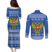 Russia Matryoshka Spirit Couples Matching Puletasi and Long Sleeve Button Shirt with Folk Pattern and Double-Headed Eagle Emblem