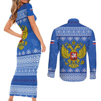Russia Matryoshka Spirit Couples Matching Short Sleeve Bodycon Dress and Long Sleeve Button Shirt with Folk Pattern and Double-Headed Eagle Emblem